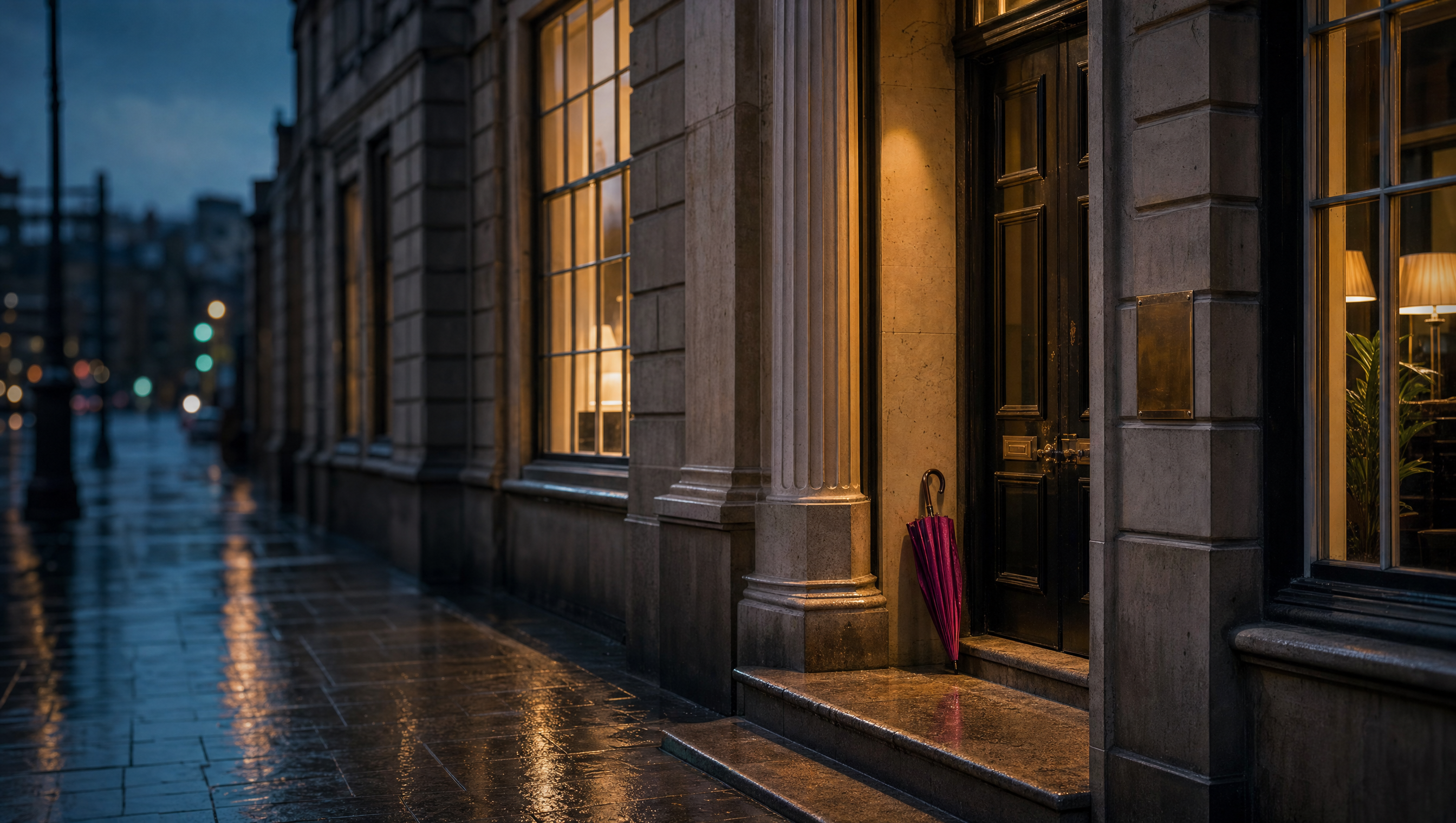 The stone doorway of a city firm at dusk, a brass plate beside the black door and a magenta umbrella left on the step.