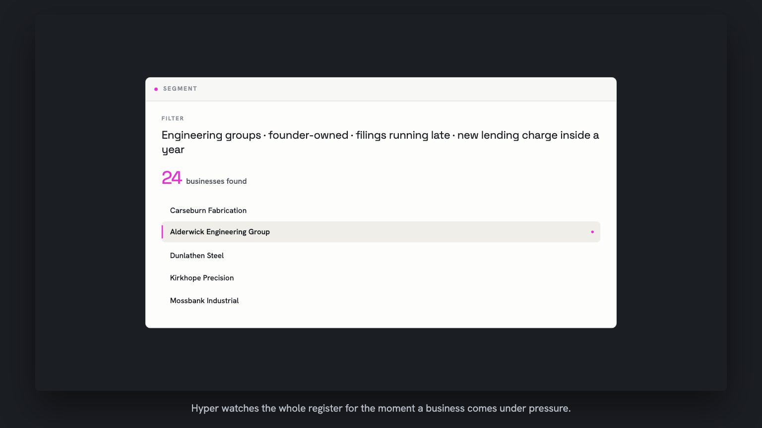 A Hyper segment view. The filter line reads engineering groups, founder-owned, filings running late, new lending charge inside a year. 24 businesses found, and Alderwick Engineering Group has lifted and holds among the rows.